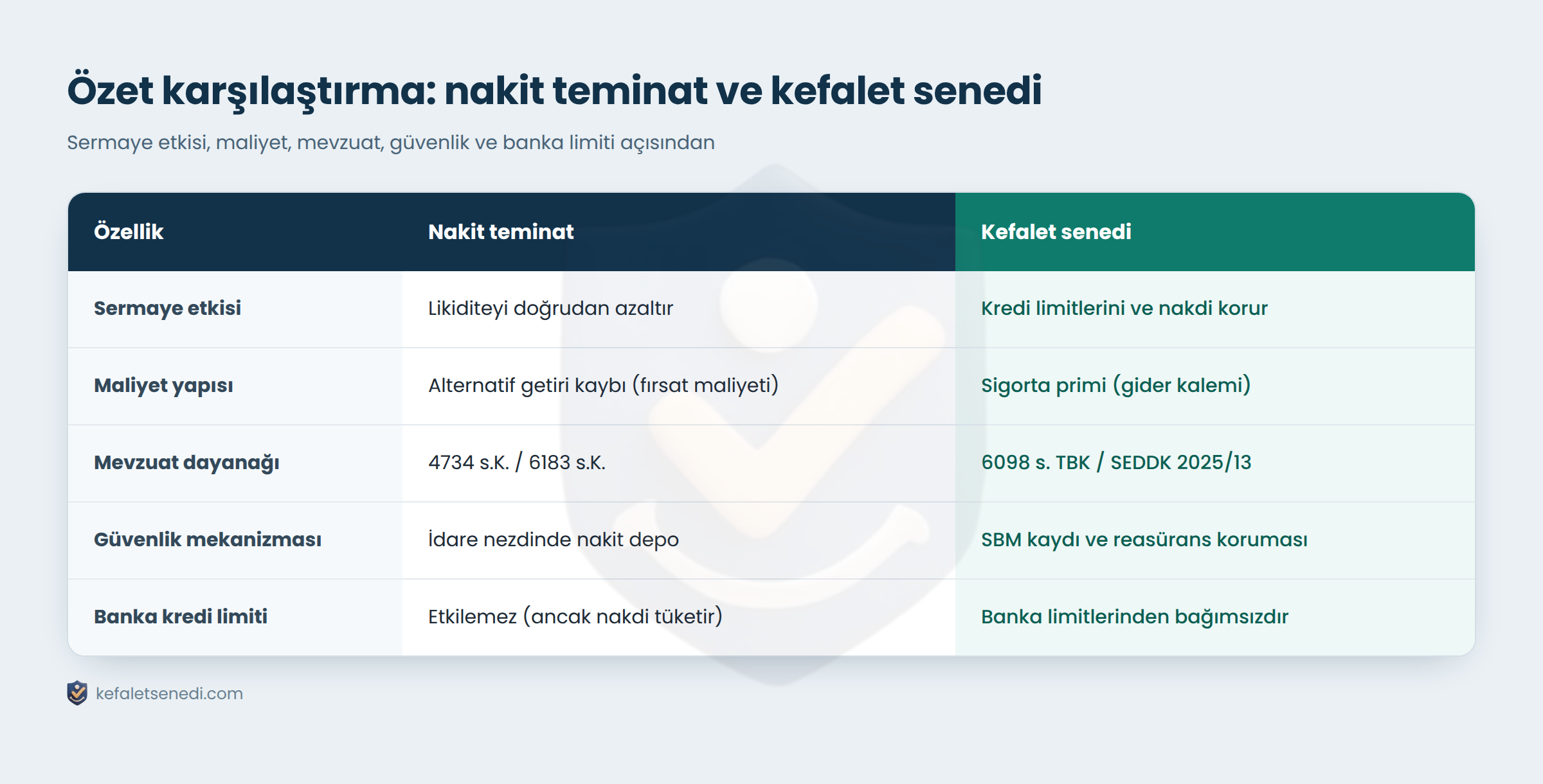 Nakit teminat ve kefalet senedinin sermaye etkisi, maliyet, mevzuat, güvenlik ve banka limiti açısından karşılaştırması
