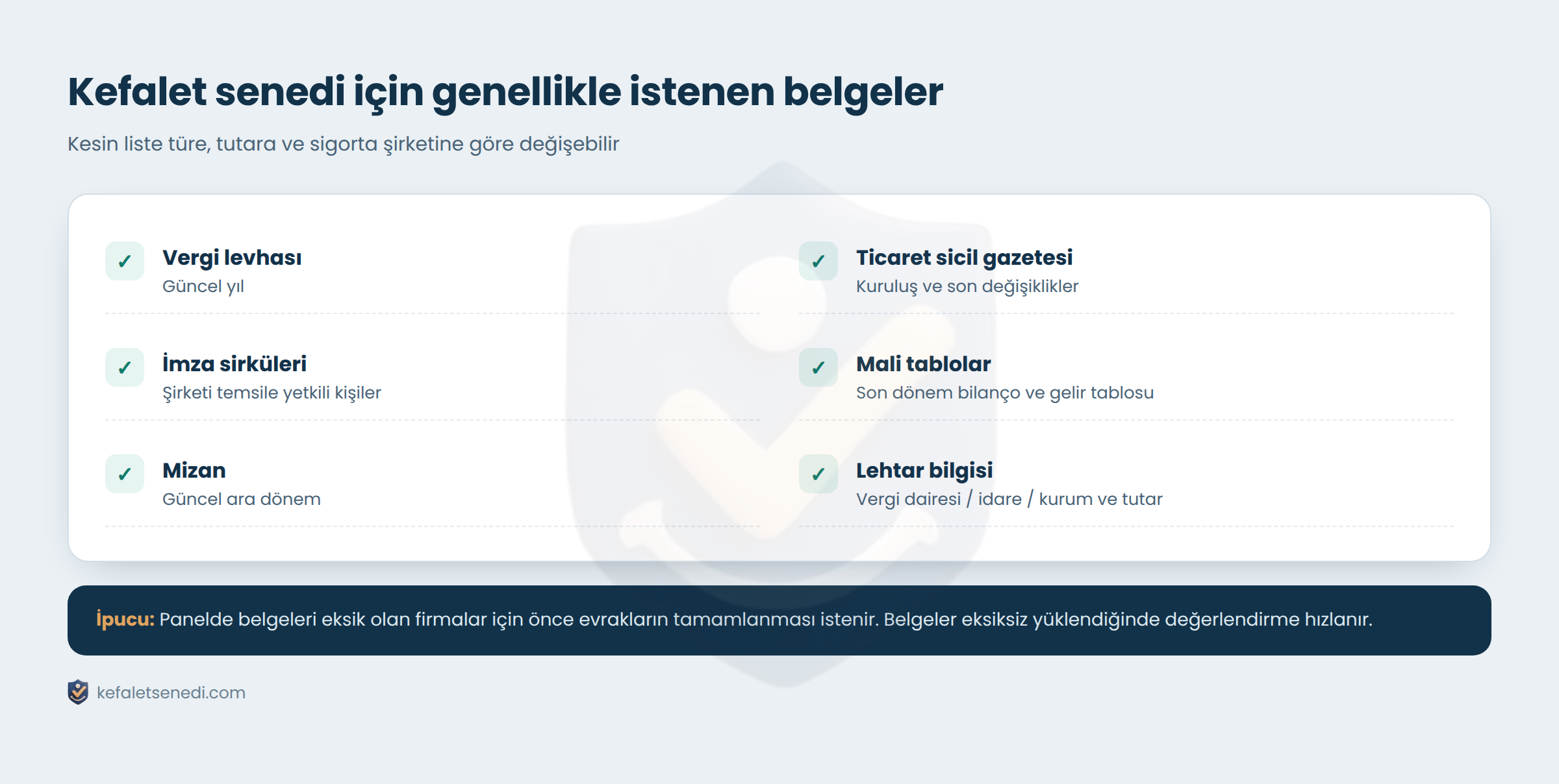 Kefalet senedi başvurusu için genellikle istenen belgeler kontrol listesi