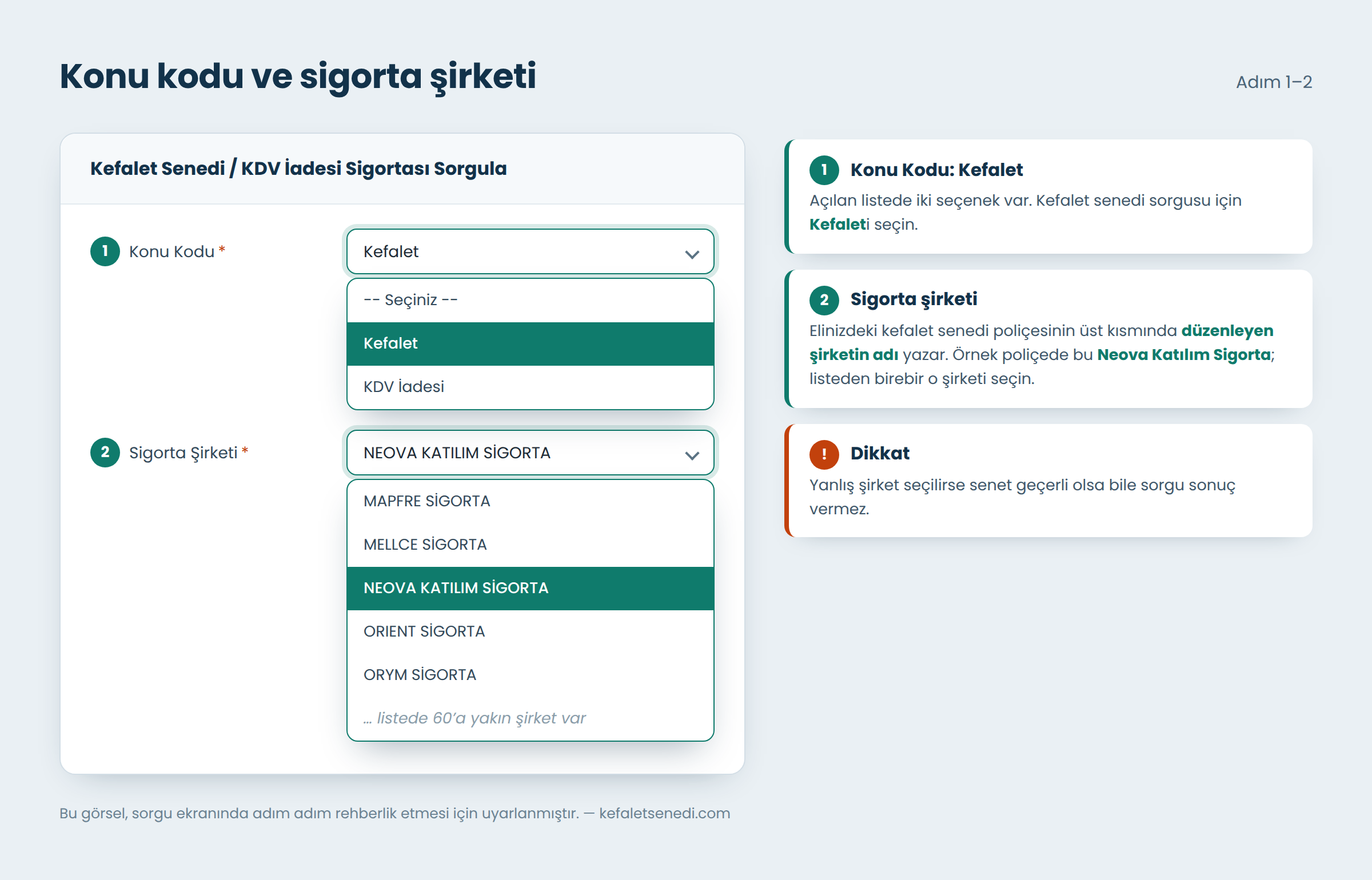 Konu kodu olarak Kefalet ve poliçedeki sigorta şirketinin seçilmesi