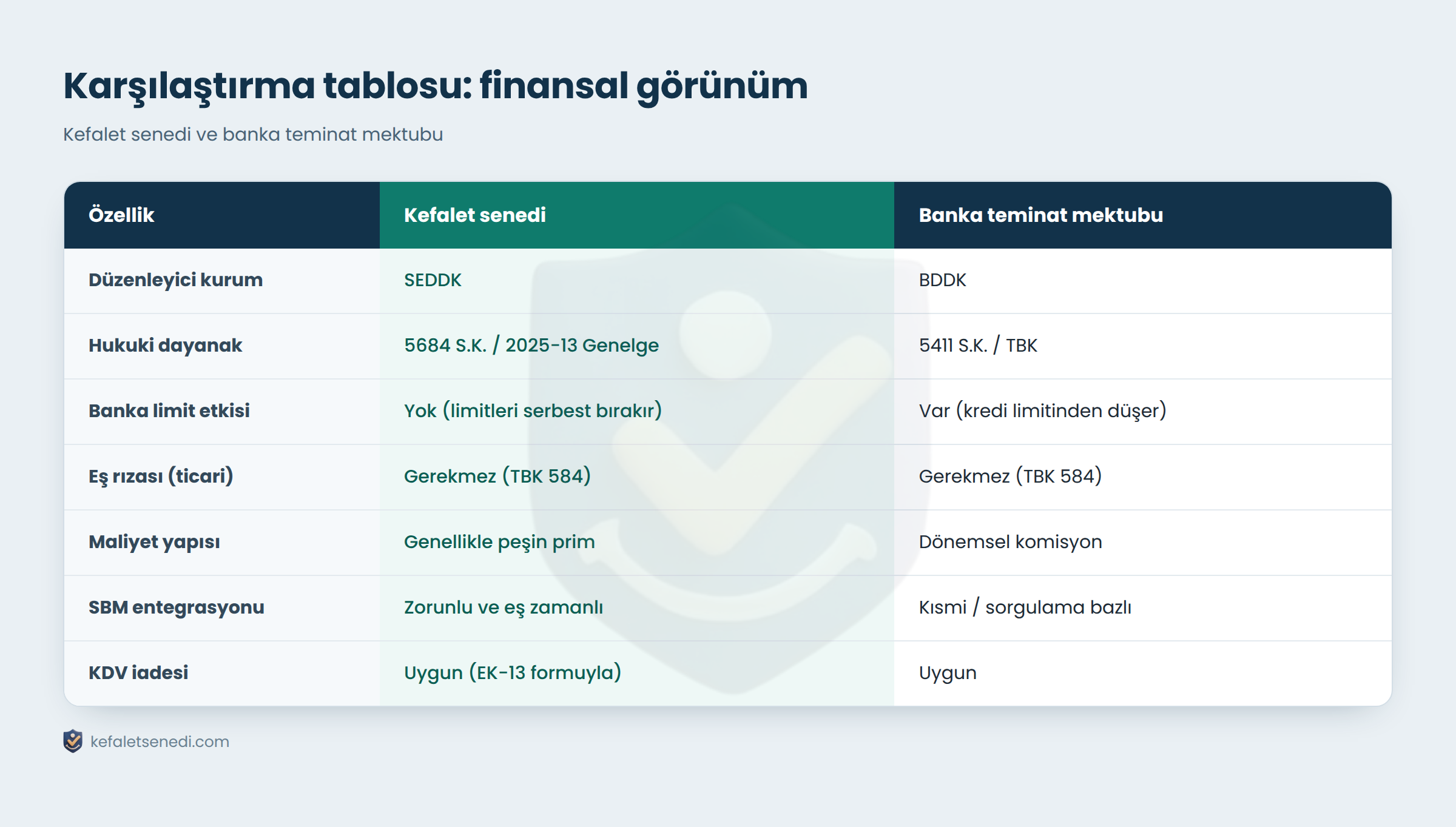 Kefalet senedi ve banka teminat mektubunun düzenleyici kurum, hukuki dayanak, limit etkisi, maliyet ve SBM açısından karşılaştırması